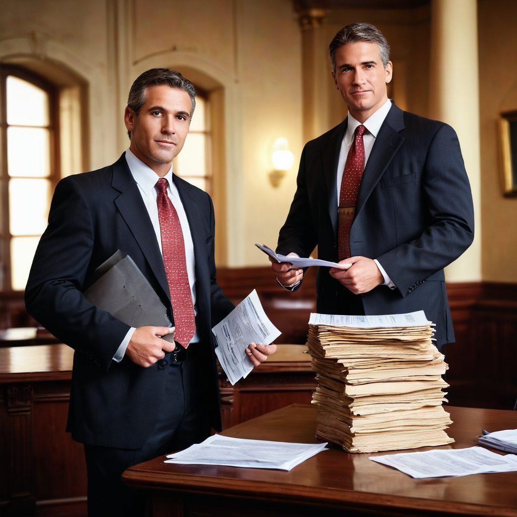 A dynamic scene showing a confident bankruptcy attorney standing in front of a distressed client, holding a stack of legal documents. The background includes a courthouse with a gavel and scales of justice subtly integrated. Emphasize a sense of hope and support through warm lighting and friendly expressions. Artistic style: super-realistic, vibrant colors.