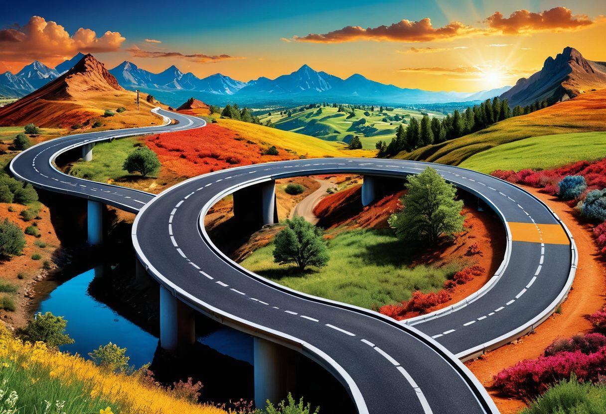 A visually engaging roadmap winding through a landscape symbolizing financial journey, with signposts labeled 'Debt Relief', 'Bankruptcy Regulations', and 'Financial Recovery'. Include diverse people navigating the path, showcasing hope and determination. Bright, inviting colors to create a sense of optimism and clarity. super-realistic. vibrant colors. 3D.