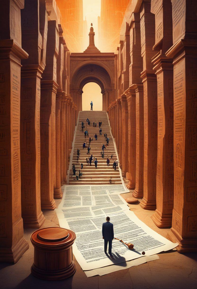 A labyrinthine maze with towering walls made of legal documents and court gavel symbols, depicting the complexities of bankruptcy navigation. In the foreground, a diverse group of people looks determined as they find pathways illuminated by light representing debt relief options. The atmosphere is both challenging and hopeful, emphasizing guidance through the stressful process of insolvency courts. digital art. vibrant colors. surrealistic.